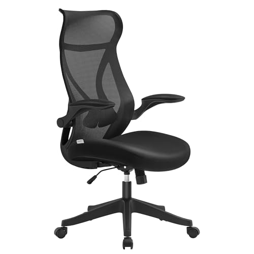 SONGMICS Cadeira de escritório, cadeira de secretária, encosto ergonómico, altura ajustável, apoio de braços dobráveis, cadeira giratória com apoios de cabeça, carga de 150 kg, tinta preta OBN088B01