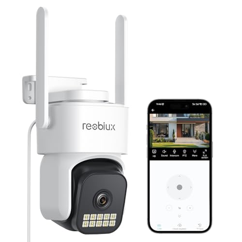 Reobiux 1080P Câmara de vigilância exterior com Wi-Fi 2,4 G/5 G, câmara IP vigilância doméstica com visão noturna colorida, rastreamento automático, 24/7 gravação em cartão SD, áudio bidirecional