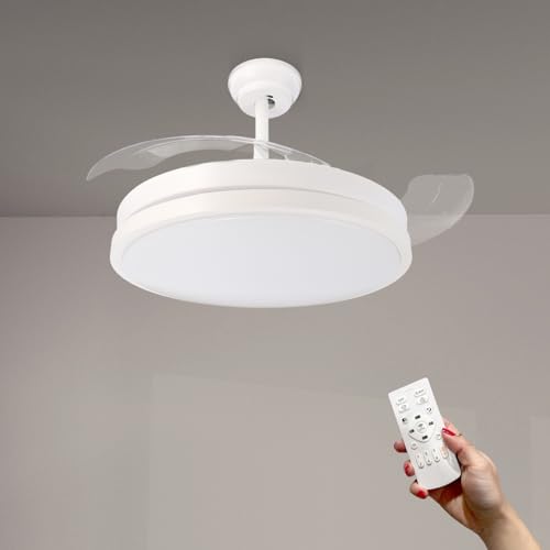 M mimotec - Ventoinha de teto com luz LED Herben 68W, controlo remoto, baixo consumo, motor DC, 6 velocidades, silencioso, 3 pás retráteis, função verão-inverno, temporizador. LM8095