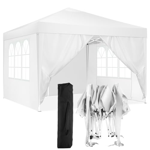 COBIZI Tenda dobrável 3 x 3, canteiros para jardim com 4 painéis laterais, tenda impermeável exterior de altura regulável, tendas para exteriores, praia, casamento, campismo, branco