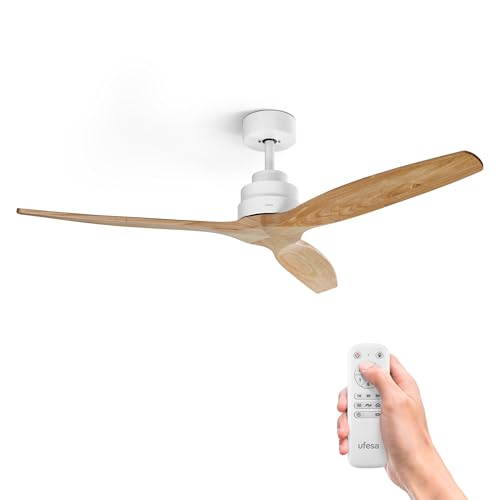 Ufesa Ventoinha de teto CFTB, 40 W, 6 velocidades, ultra silenciosa, 3 pás de madeira natural, 132 cm, função de verão, inverno, temporizador 8h, controlo remoto, branco, madeira clara