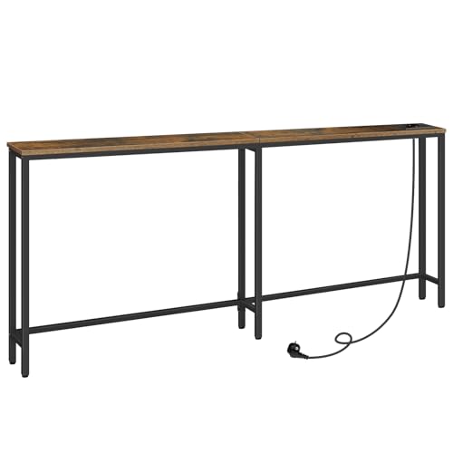 HOOBRO Mesa de consola estreita com tomada de energia e porta USB, mesa de entrada com estação de carregamento, mesa de sofá, mesa auxiliar, para entrada, corredor, sala de estar, castanho rústico
