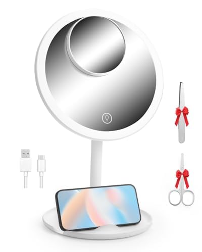 OTraki Espelho de maquilhagem com luz, LED espelho maquilhagem luz iluminada de aumento 1X / 10X, espelho redondo com luz tátil sobremesa para barbear depilação sobrancelhas casa de banho, branco