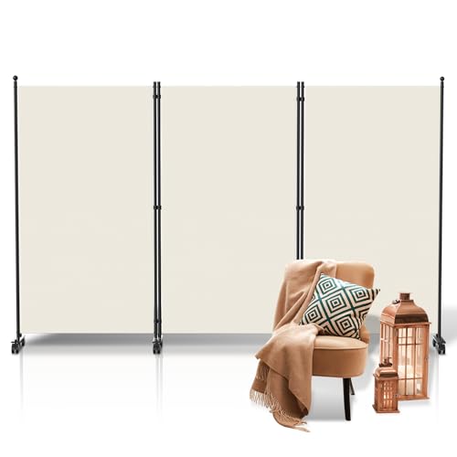 Fiqops Biombo para exteriores com rodas, 3 peças, 263 x 181 cm, resistente às intempéries, para exterior e escritório, cor bege