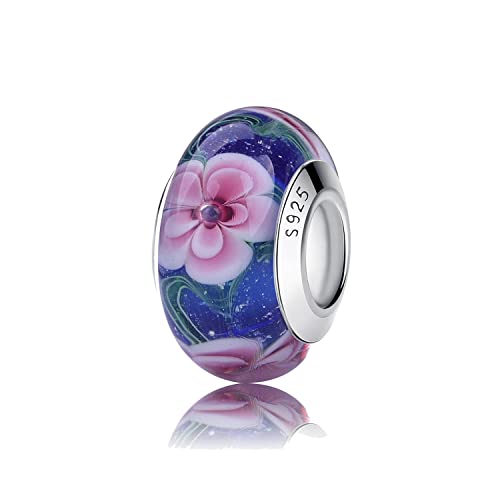 Nbsameng Charm em vidro de murano, pendente transparente para pulseira e corrente para mulher, flor encantos de prata 925%, miçangas compatíveis Pandora Gnoce e Trollbeads