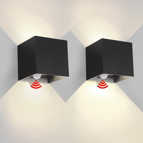 FUPE 2 peças aplique de parede exterior interior com sensor movimento crepúsculo LED candeeiros de parede IP65 impermeável moderno preto 6 W 4000 K apliques de exterior alumínio ângulo de luz