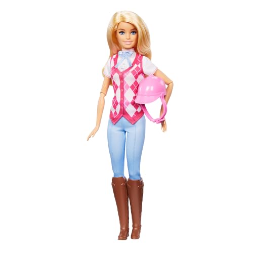 Barbie Mistérios: Em busca da égua perdida Malibu cavalheiro, boneca loira vestida com roupas de equitação, calças de ganga, botas e capacete rosa, inspirado na série, 3 anos, HXJ38