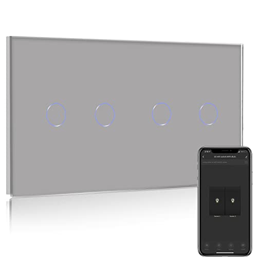 BSEED Interruptor de parede WIFI, interruptor inteligente 2 gangue 1 via 2 gangue 1 via, compatível com Alexa, Google Home, controlo de APP e função de temporizador, ecrã tátil cinzento