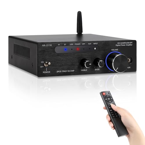Romicta Amplificador áudio estéreo digital Hi-Fi 200 W, Bluetooth 5.3, duplo TPA3116 chip, classe D Amp, entradas RCA/USB/ótica/AUX, recetor estéreo para altifalantes passivos e subwoofer ativo