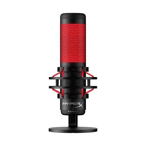 HyperX QuadCast - Microfone de condensador USB, suporte de choque antivibração, quatro padrões polares, filtro pop, controlo de ganho, para PC, PS4, PS5 e Mac, preto e vermelho