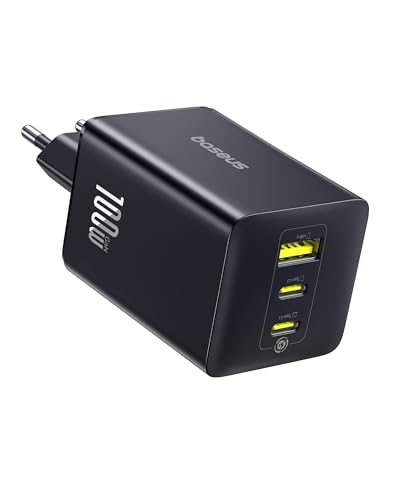 Baseus Enerfill carregador USB C de 100 W, 3 portas USB C, PD com PPS, GAN carregador rápido compatível com MacBook Pro/Air, iPad Pro, iPhone 16/15/14/13/12 Pro Max, Galaxy S25/24, Pixel 9-8 Petite