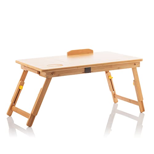 InnovaGoods - Mesa dobrável auxiliar de bambu lapwood, versátil e portátil, ideal para ler, escrever, comer, trabalhar, pernas dobráveis e extensíveis, inclui gaveta e porta-copos, madeira