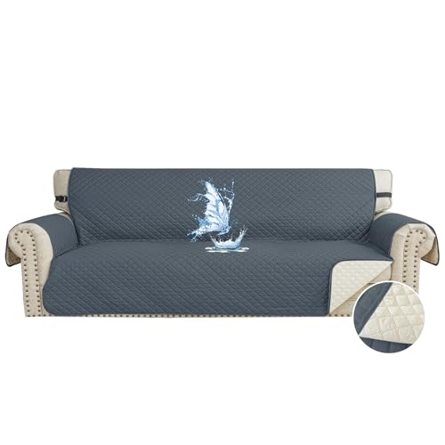 CYCMACO Capa para sofá impermeável de 4 lugares, cobre sofás anti-riscos gatos, Couch Cover antiderrapante anti-manchas, universal, com apoios de braços, lavável, azul cinzento