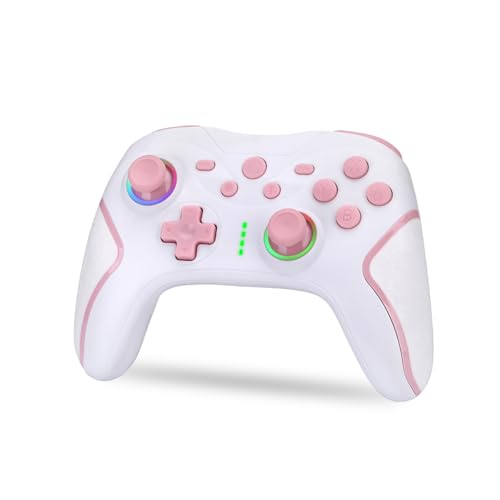 NK Controlo Switch sem fios - Switch/OLED/Lite/Pro com função Wake, configurações Macro, Bluetooth, 6 eixos, função Turbo, duplo Shock de dupla vibração, LED indicadores - branco e rosa