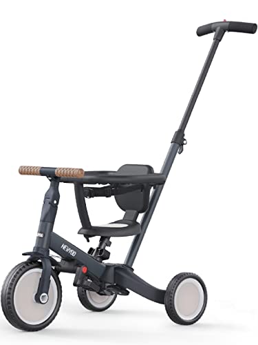 newyoo TR008 Triciclo evolutivo 5 em 1 para crianças 1-3 anos com barra de segurança e haste de impulso, presente de aniversário para meninos e meninas, bicicleta de equilíbrio e brinquedo montável