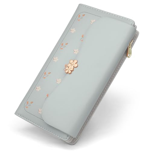 REETEE Carteira mulher couro PU carteira mulher grande capacidade carteira longa carteiras para mulher com fecho de correr bolso porta-moedas e 10 ranhuras para cartões, L - Azul, Clássico