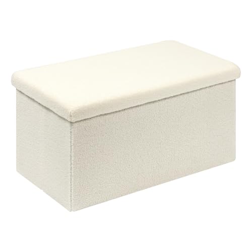 Bonlife Banco com espaço de armazenamento, banco dobrável de veludo, apoio para os pés, caixa de armazenamento com tampa, branco, 80 x 40 cm