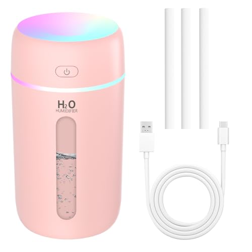 KARFUN Humidifiers pequenos, humidificadores portáteis de secretária, silenciosos, mini humidificador com luz de 7 cores, desligamento automático, escritório, quarto, carro (250 ml, rosa) (rosa)