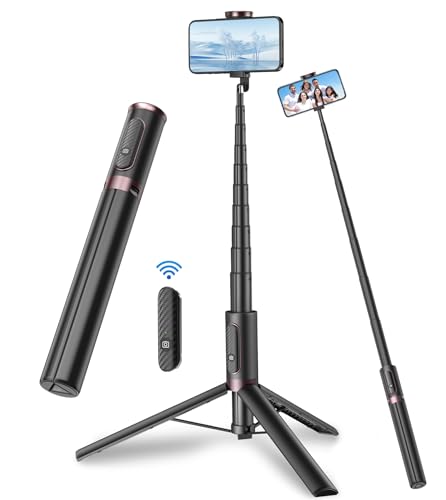 TONEOF 170 cm Selfie Tripé para telemóvel, tripé móvel extensível rotação tripé telefone flexível com sem fios com controlo remoto compatível com iPhone e Android telefone - preto