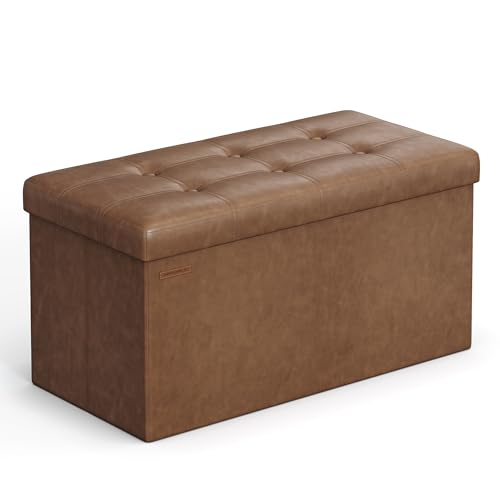 SONGMICS Puff de arrumação, baú de armazenamento dobrável, 38 x 76 x 38 cm, banco de apoio, suporte até 300 kg, para sala de estar, quarto, entrada, castanho café LSF040K11