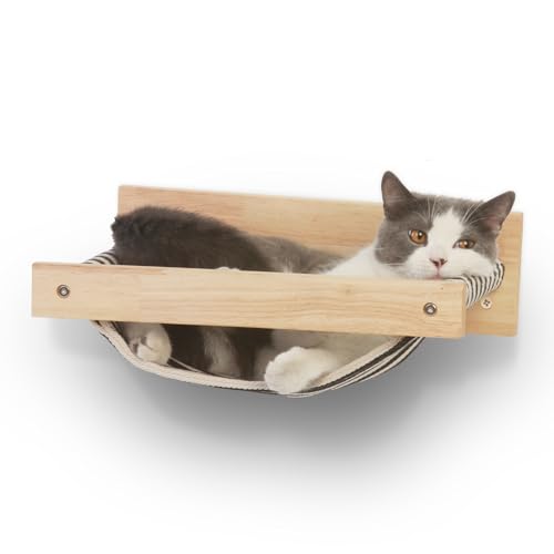 FUKUMARU Cama de parede de gato, rede para gatos grande montada na parede, de madeira maciça de borracha, móveis de gatinho premium para dormir, jogar, escalar e descansar, suporta até 18 kg