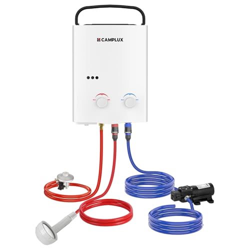 Camplux AY132P43 5L Aquecedor de água a gás sem tanque, com bomba de água de 4,3 l, para viagens, RV, campismo, cavalos