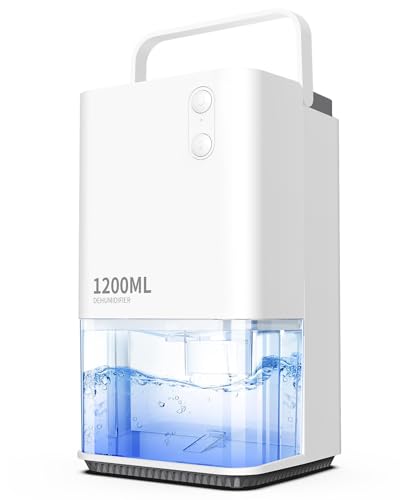 EasyAcc Deshumidificador de 1200 ml, desumidificador de humidade pequeno silencioso com cabo portátil, 7 LED cores, desligamento automático, descongelação casa de banho quarto escritório RV branco