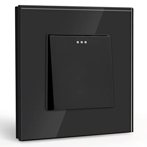 BSEED Interruptor de luz 1 gangue 1 via, interruptor parede com moldura de vidro, 10 Amp preto interruptor de luz de botão de pressão, interruptor de alavanca 86 mm