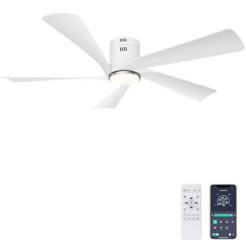 Ohniyou Ventoinha de teto de 52 polegadas com luzes, controlo remoto e APP controlo, ventiladores de teto embutidos para interior e exterior, luz regulável, 6 velocidades, reversível, branco