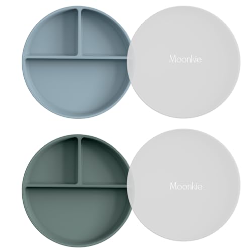 Moonkie Pratos de sucção para bebés e crianças pequenas, pratos divididos de silicone sem BPA com tampa, adequados para micro-ondas e lava-loiças, 2 pacotes (Ether/Sage)