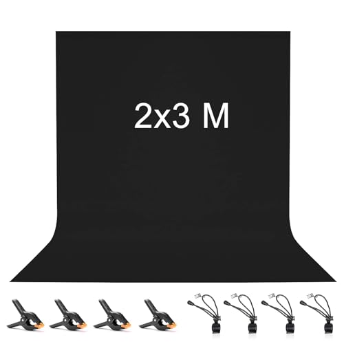 Vevelux Fundo de fotografia de 2 x 3 m, fundo fotográfico 100 % poliéster com 8 pinças grandes de estúdio, ecrã preto para fotografia, vídeo, estúdio, cinema, televisão