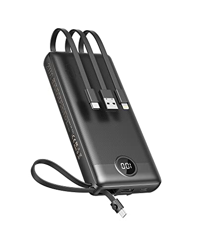 Power Bank 20000 mAh, VEEKTOMX Bateria externa USB C carregador portátil com cabos integrados, 5 saídas e 2 entradas Powerbank compatível com iPhone/Samsung/Huawei/Tablet, viagem essencial (preto)