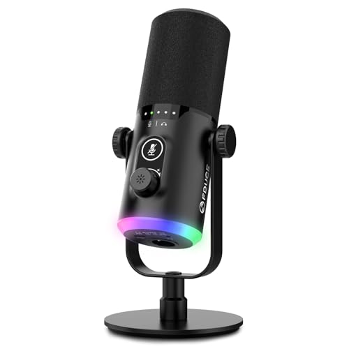 FDUCE Kit de microfone para jogos USB/XLR, microfone dinâmico de PC para transmissão de podcasting, kit de microfone RGB para computador com suporte de secretária, botão silencioso e conector para