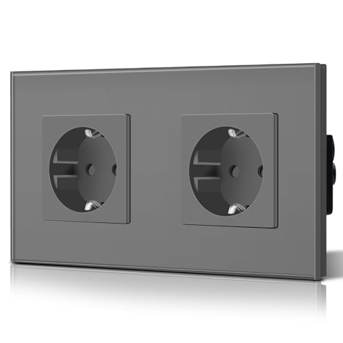 BSEED Tomada de parede 2 tomadas padrão Schuko com painel de vidro 16A instalação fácil 157 mm cinzento
