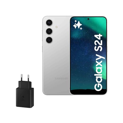 Samsung Galaxy S24 e carregador de 45W, telemóvel com IA, smartphone Android, 8 GB RAM, 256 GB de armazenamento, câmara 50 MP, bateria longa duração, cinzento mármore (versão espanhola)