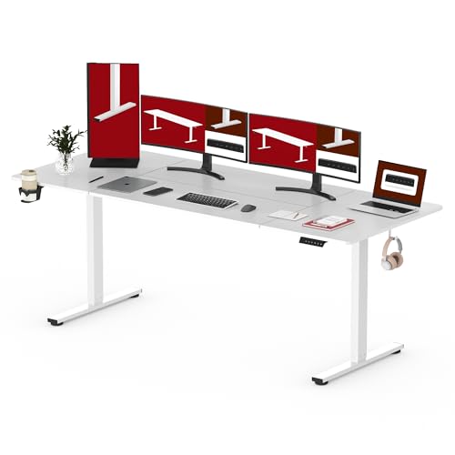 SANODESK 200 x 80 cm mesa elétrica elevável com placa e acessórios completos, como suporte para bebidas, ganchos, organizador e caixa de cabos (branco)