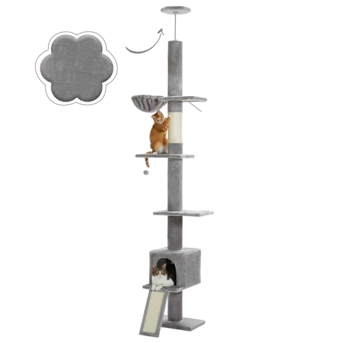 PAWZ Road Árvore de catos para gatos do chão ao teto com altura ajustável de 216 cm a 273 cm, a torre para gatos tem um amplo espaço de atividade com rede e um co
