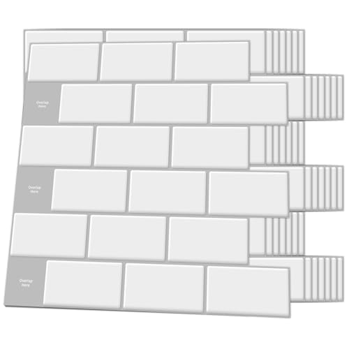 Art3d - Azulejos de cerâmica autocolantes para azulejos, para cozinha, painéis de parede 3D, branco com junta cinza, 30 x 30 cm