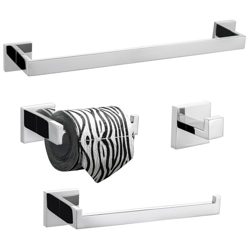 Turs Casa de banho de 4 peças conjunto de hardware gancho toalha barra de papel higiénico suporte da torre suporte da parede montado, aço inoxidável polido, K7ZuheP