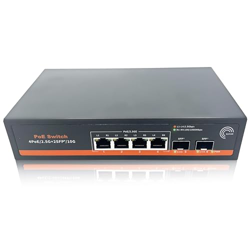 Elfcam® - 10 Gbps Fibre Optic Switch compatível com Cisco, com 2 x 10 G SFP portas e 4 x 2,5 Gigabit Ethernet RJ45 PoE Ports, Plug & Play Unmanaged (2 x 10 Gb SFP + portas e 4 x 2. 5G/RJ45 PoE)