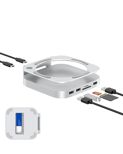 GEWOKLIY Base Mac mini M4, suporte e concentrador de alumínio para Mac mini M4 e M4 Pro 2024 com capa SSD M.2 NVMe, 2 USB-A de 10 Gbps, leitores de cartões SD/TF, dados USB 2.0 (prata) (MC60)