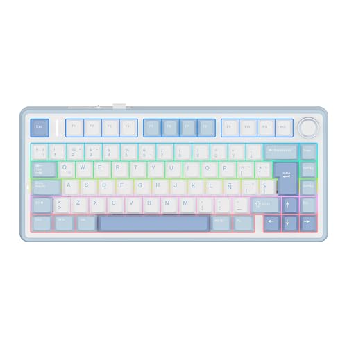 EPOMAKER Aula F75 ISO-ES Teclado mecânico espanhol com botão, teclado sem fios Gaming, BT/2,4 G/USB, Gasket cremoso, retroiluminação RGB, hot-Swap, 75%, PBT Keycap (azul sal marinho)