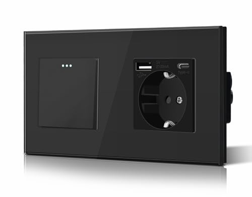 BSEED 1 Gang 1 Way interruptor mecânico e tomada com 2,1 A UBS aprimorado conector de carregamento e tomada Type-C preto
