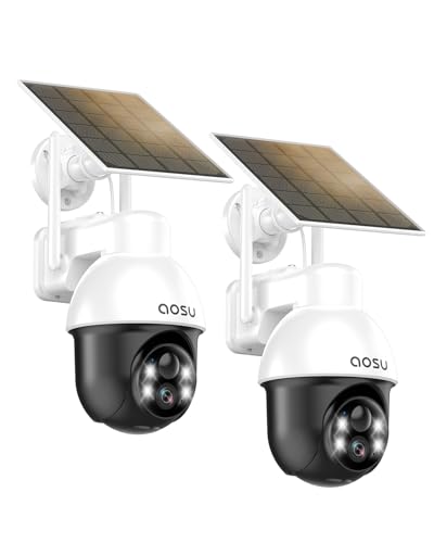 AOSU Câmara de vigilância exterior com painel solar, PTZ panorâmico, rastreamento automático de pessoas, visão noturna 2K, alarme de luz e som, áudio de 2 vias, compatível com Alexa/Google