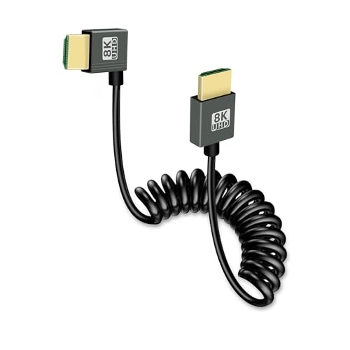 GELRHONR Cabo em espiral HDMI 8K, Ultra Thin HDTV HDMI para HDMI em espiral, cabo HDMI 2.1 de alta velocidade com 48 Gbit/s 8K @ 60 Hz 4K @ 240 Hz para TV, monitor, computador, Xbox, portátil (ângulo