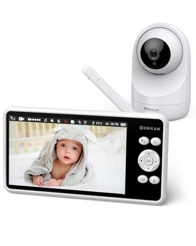 Sebikam Câmara de vigilância para bebé de 5" 720 P HD IPS ecrã vídeo Baby monitor, bateria de 4000 mAh PTZ 355 ° monitor para bebés, modo VOX, visão noturna, áudio bidirecional, temperatura, músicas