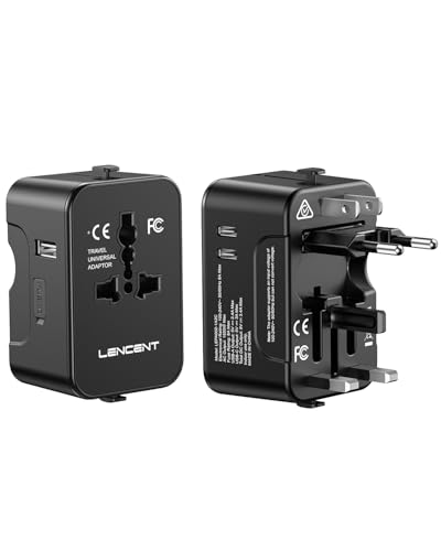 LENCENT Adaptador de viagem internacional, adaptador universal com 1 USB-A 2 tipo C, adaptador de alimentação tudo em um para telemóvel, portátil, adaptador de tomada mundial para EUA/UK/EU/AUS, preto