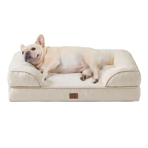 EHEYCIGA Cama de cães médios 76 x 51 x 16 cm, cama de cães pequenos, impermeável, lavável com espuma viscoelástica, sofá, cão removível, bege
