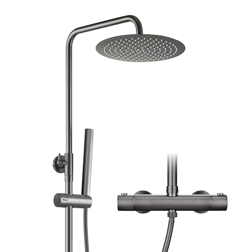 Görbach Coluna de chuveiro termostática com torneira, conjunto completo, chuveiro de chuva com barra de chuveiro de aço inoxidável, cabeça redonda D25 cm cinzento Gunmetal escovado