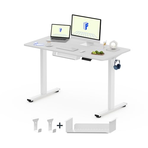FLEXISPOT Secretária elevada secretária de elevação elétrica com placa inteira, 120 x 60 cm, Standing Desk secretária regulável em altura, mesa de elevação com ganchos prateleira e 4 botões de memória